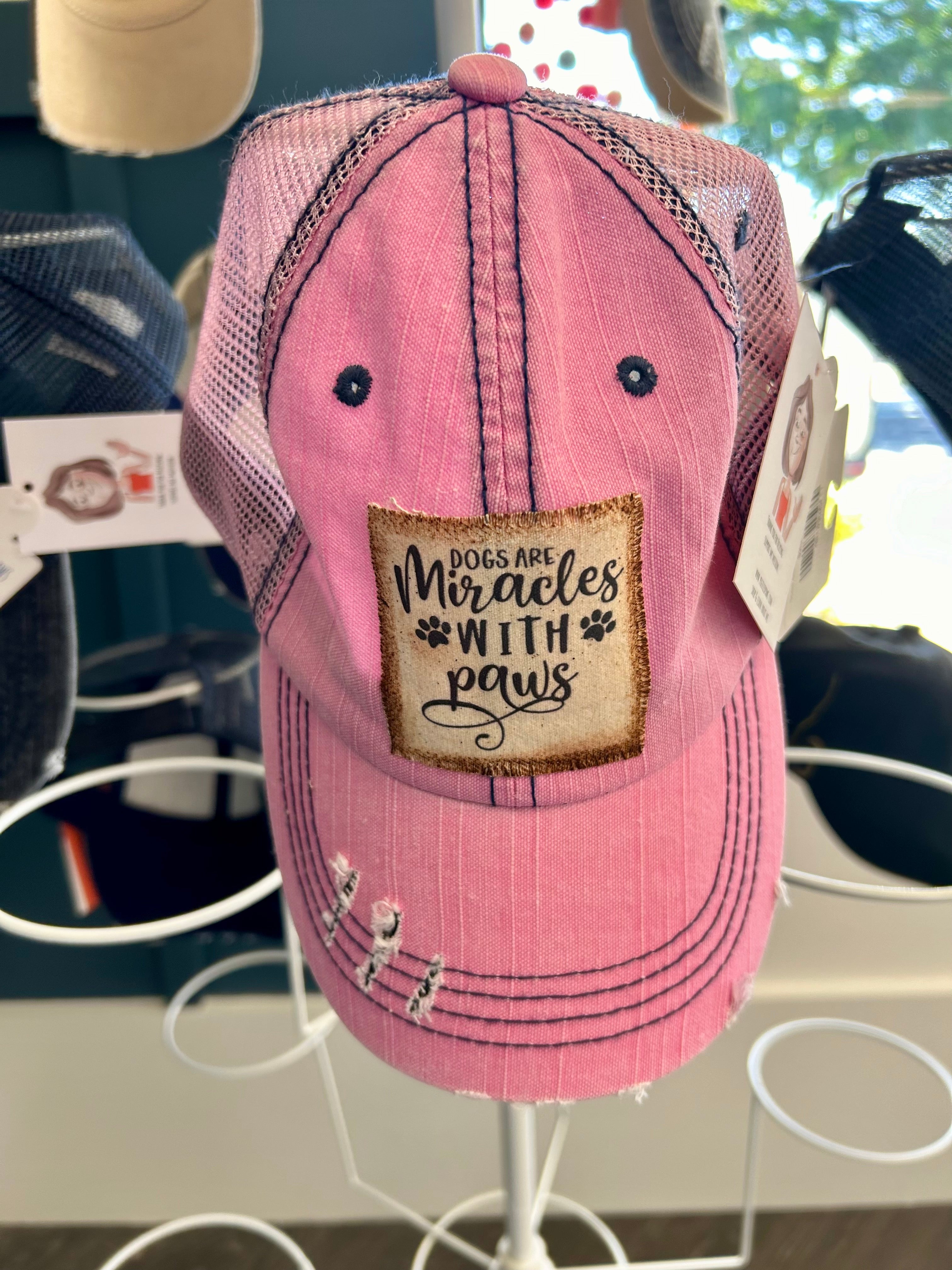 "DOGS ARE MIRACLES WITH PAWS" DISTRESSED TRUCKER HAT